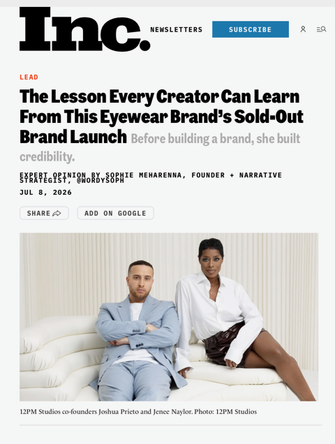 12PM Studios co-founders Joshua Prieto and Jenee Naylor featured in Inc.